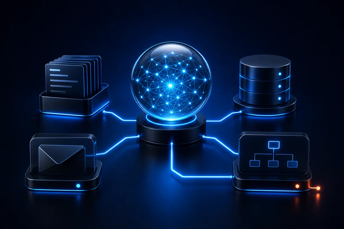 KI-Kern verbindet Unternehmenswissen, Datenbank, Nachrichten und Workflows