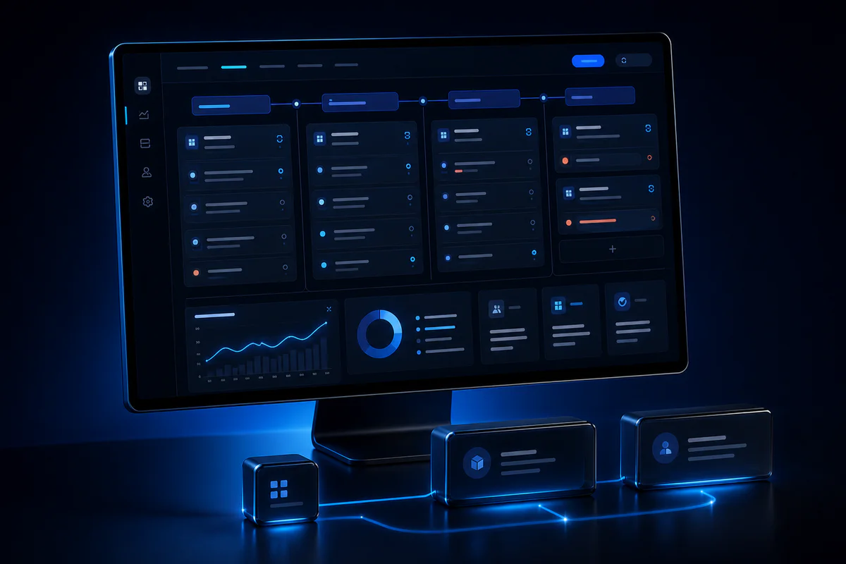Maßgeschneidertes Software-Dashboard mit verbundenen Modulen